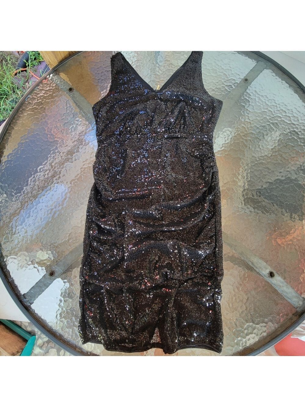 Belle Pogue Size L Cocktail Black Sequin Midi Dress